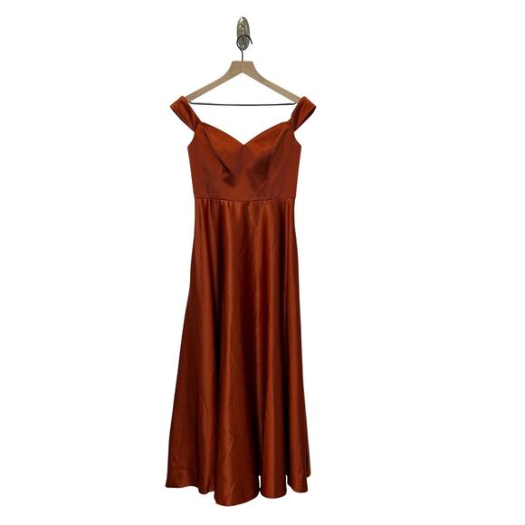 David's Bridal Celebrate Studio Off-Shoulder Satin A-Line Dress Burned Orange 6 - Picture 4 of 12